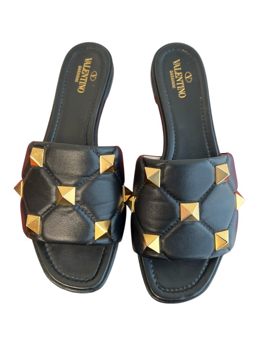 Valentino Shoe Size 40 Black Leather open toe studded detail Flat Sandal Shoes Black / 40