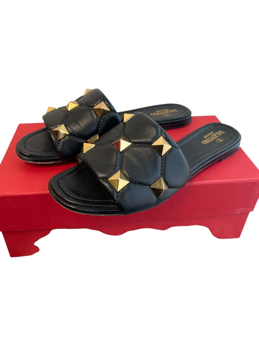 Valentino Shoe Size 40 Black Leather open toe studded detail Flat Sandal Shoes Black / 40