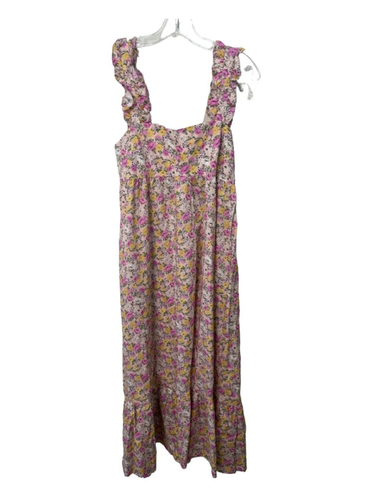 En Saison Size S Pink & Yellow Cotton Floral Sleeveless Ruffle Midi Dress Pink & Yellow / S