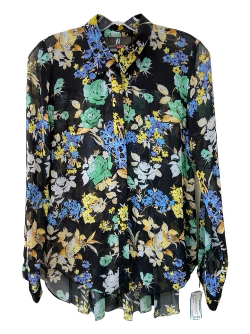 Sachin + Babi Size 0 Black Blue Yellow Polyester Floral Collared Button Up Top Black Blue Yellow / 0