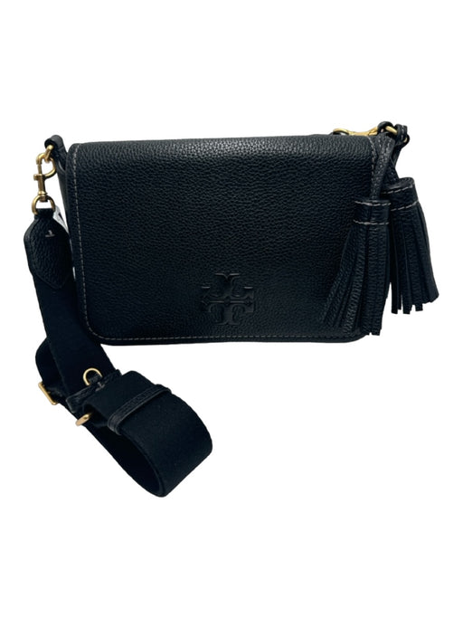 Tory Burch Black Pebbled Leather Magnetic Snap Tassel Detail Flap Crossbody Bag Black / Small