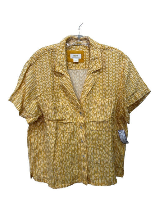 Maeve Size L Yellow & White Linen Blend All Over Print Collared Short Sleeve Top Yellow & White / L