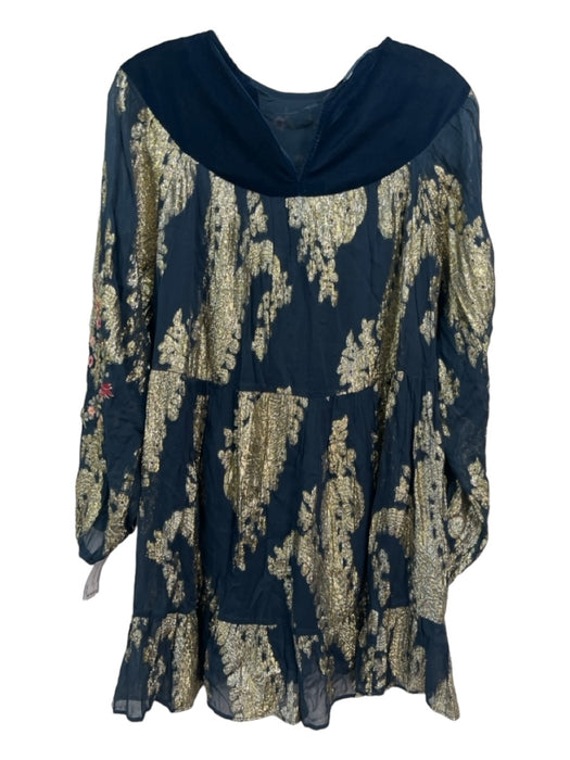 Zara Size S navy & gold Polyester Floral Embroidered Long Sleeve Shift Dress navy & gold / S