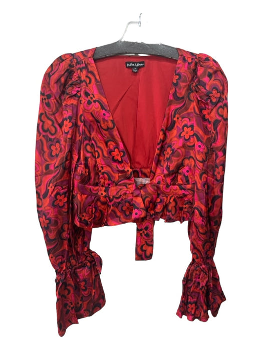 For Love & Lemons Size S Red & Black Viscose Blend Floral Long Sleeve Wrap Top Red & Black / S