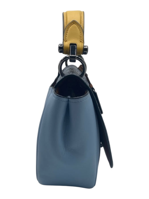 Coach Blue, Yellow & Black Leather Top Handle Snake Flap Detachable Strap Bag Blue, Yellow & Black / Small