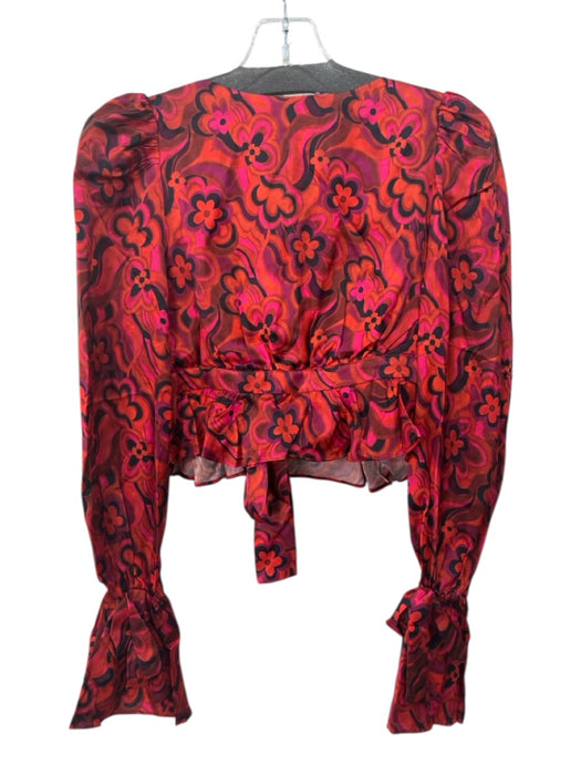 For Love & Lemons Size S Red & Black Viscose Blend Floral Long Sleeve Wrap Top Red & Black / S