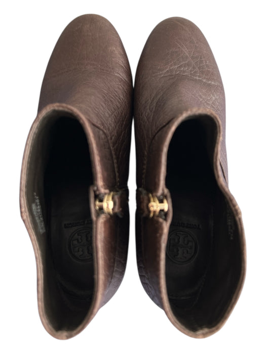 Tory Burch Shoe Size 8.5 Brown Leather Logo Emblem Side Zip Block Heel Boots Brown / 8.5