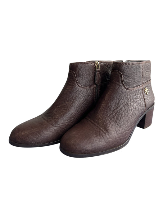 Tory Burch Shoe Size 8.5 Brown Leather Logo Emblem Side Zip Block Heel Boots Brown / 8.5