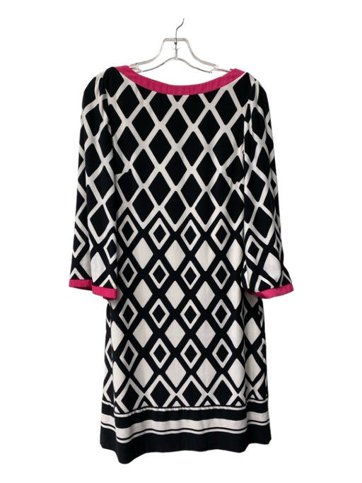 Eliza J White, Black & Pink Polyester Geometric Boat Neck Long Sleeve Midi Dress White, Black & Pink