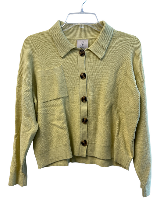 Sioni Size L Yellow Green Polyester Waffle Knit Collared Button Up Top Yellow Green / L