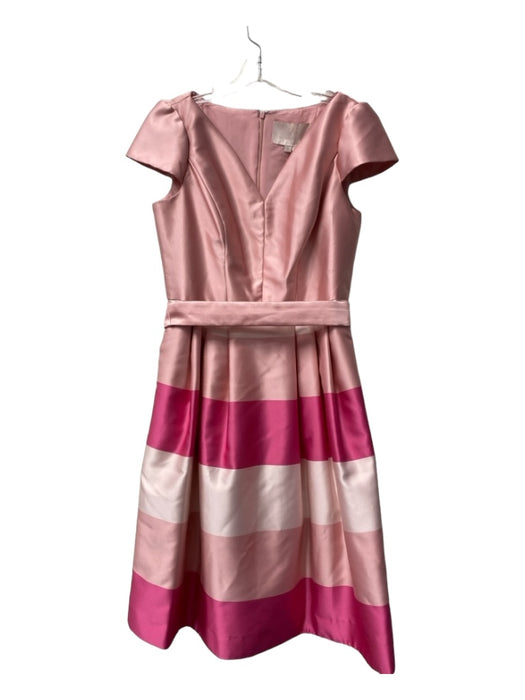 Gal Meets Glam Size 8 Pink & White Polyester Belted Tiered V Neck Back Zip Dress Pink & White / 8