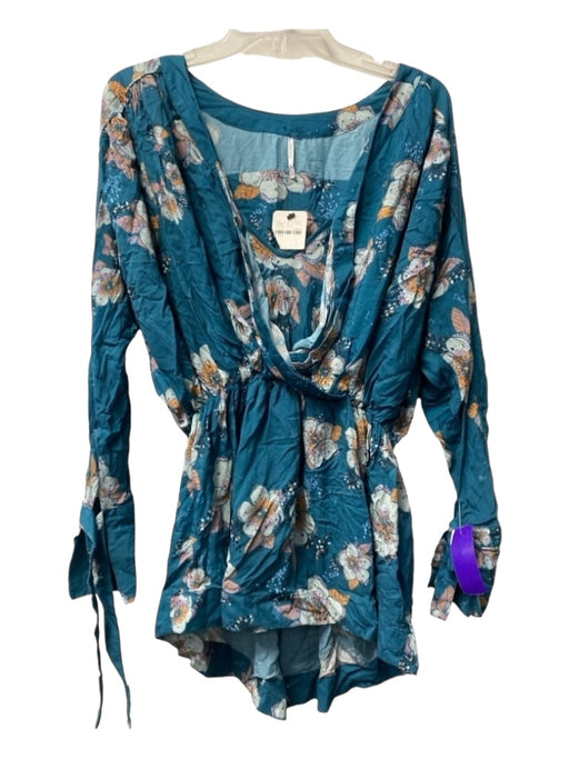 Free People Size XS Teal & Multi Rayon Floral Long Sleeve Wrap V Neck Top Teal & Multi / XS