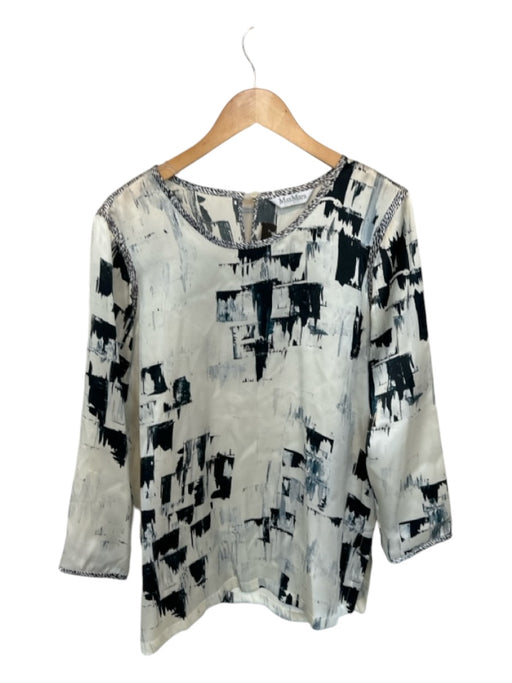 MaxMara Size Est M White & Navy Silk Long Sleeve Abstract Top White & Navy / Est M