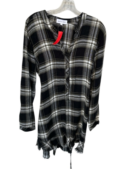 Bella Dahl Size M Black & Green Rayon Long Sleeve Plaid Belted Raw Hem Dress Black & Green / M