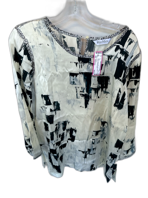 MaxMara Size One Size Blue & Cream Satin Long Sleeve Abstract Keyhole Top Blue & Cream / One Size