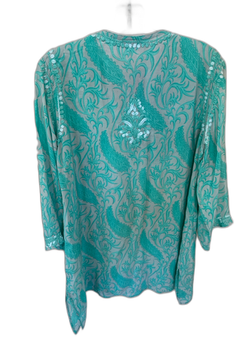 Amaya Size 42 Teal Silk Long Sleeve Embroidery Paisley Design Detail V Neck Top Teal / 42