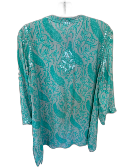 Amaya Size 42 Teal Silk Long Sleeve Embroidery Paisley Design Detail V Neck Top Teal / 42