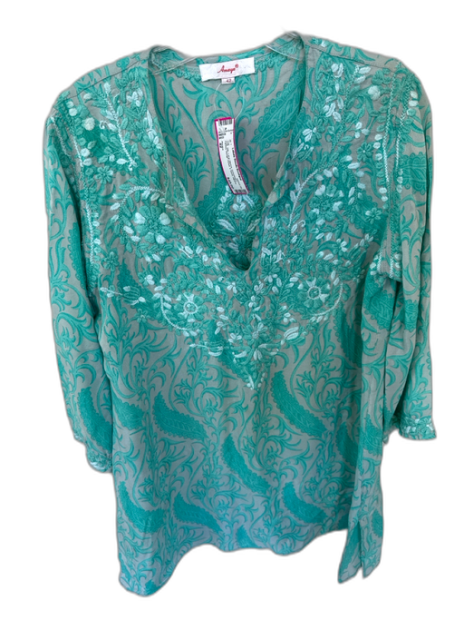 Amaya Size 42 Teal Silk Long Sleeve Embroidery Paisley Design Detail V Neck Top Teal / 42