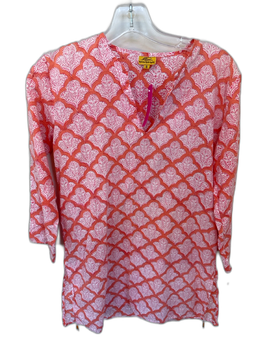 Roller Rabbit Size S Orange & Pink Cotton Paisley Long Sleeve V Neck Top Orange & Pink / S