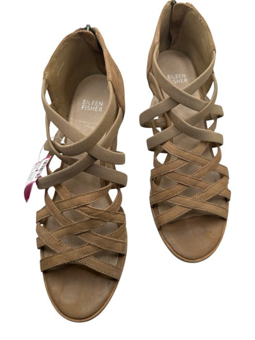 Eileen Fisher Shoe Size 9.5 Taupe Leather Block Heel Back Zip Sandals Taupe / 9.5