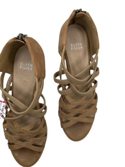 Eileen Fisher Shoe Size 9.5 Taupe Leather Block Heel Back Zip Sandals Taupe / 9.5