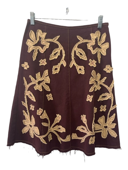 Ruth Size 6 Brown & Beige Cotton Floral Application Knee Length Side Zip Skirt Brown & Beige / 6