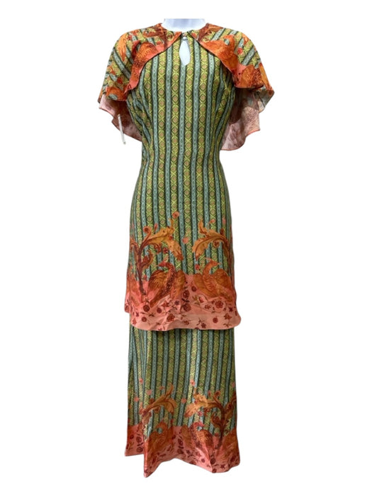 Tulicarpa Size XS Green, Orange, Multi Silk Blend Sleeveless Capelet Maxi Dress Green, Orange, Multi / XS