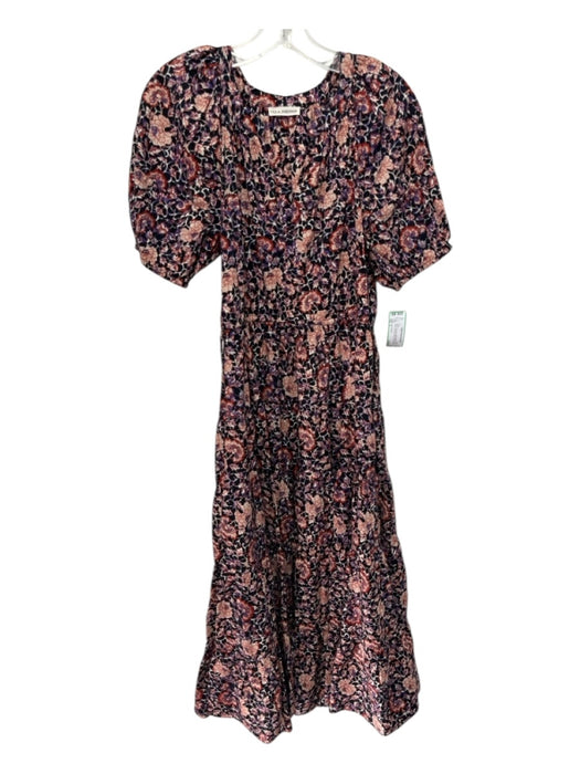 Ulla Johnson Size 2 Black, red, blue Cotton Blend V Neck Floral Midi Dress Black, red, blue / 2