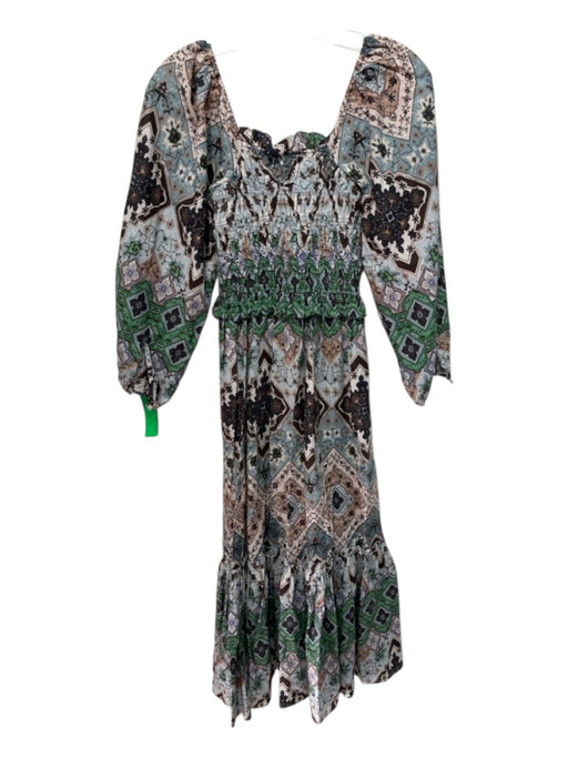 Cara Cara Size XS Green, Blue, White Cotton Smocked Top Geometric Midi Dress Green, Blue, White / XS