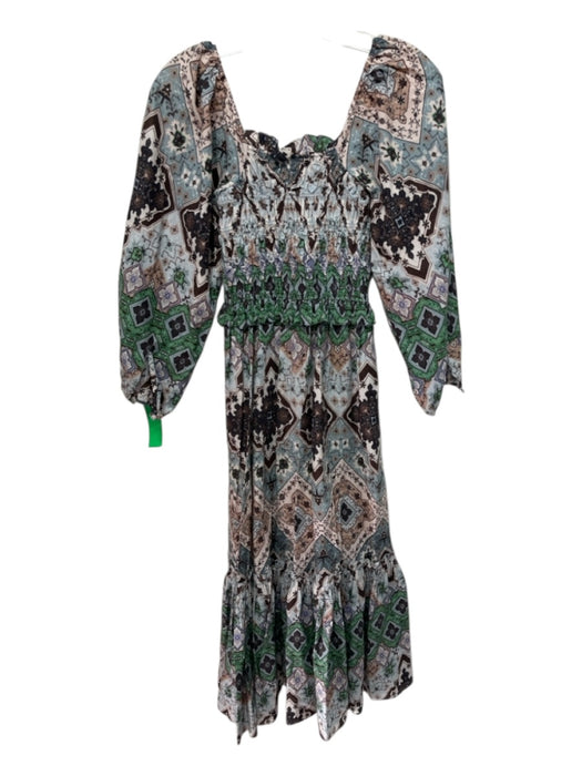 Cara Cara Size XS Green, Blue, White Cotton Smocked Top Geometric Midi Dress Green, Blue, White / XS