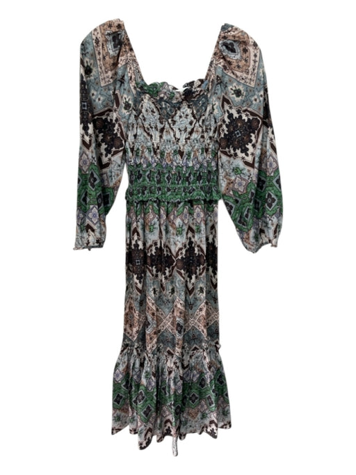 Cara Cara Size XS Green, Blue, White Cotton Smocked Top Geometric Midi Dress Green, Blue, White / XS