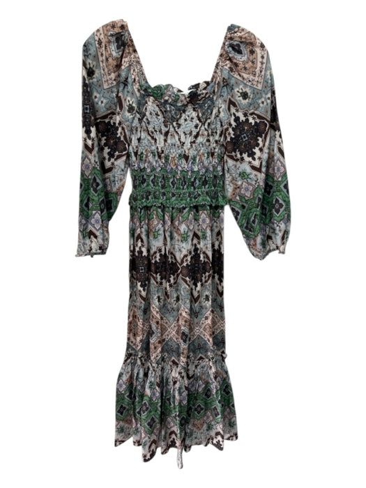 Cara Cara Size XS Green, Blue, White Cotton Smocked Top Geometric Midi Dress Green, Blue, White / XS