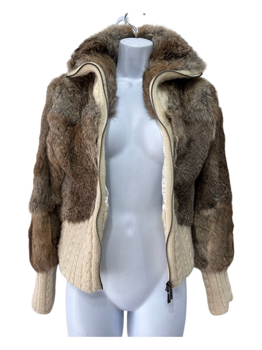 Christian Lacroix Size S Brown & White Wool Fur Cable Knit Zip Up Jacket Brown & White / S