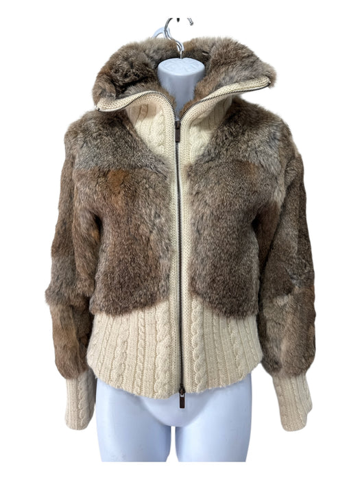 Christian Lacroix Size S Brown & White Wool Fur Cable Knit Zip Up Jacket Brown & White / S