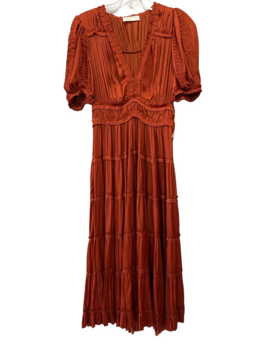 Ulla Johnson Size 2 Burnt Orange Polyester Short Balloon Sleeve V Neck Dress Burnt Orange / 2