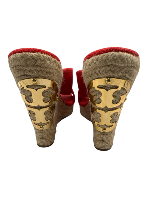 Tory Burch Shoe Size 9 Red & Tan Canvas Raffia Wedge Gold Logo Sandals Red & Tan / 9