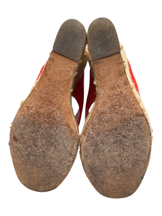 Tory Burch Shoe Size 9 Red & Tan Canvas Raffia Wedge Gold Logo Sandals Red & Tan / 9