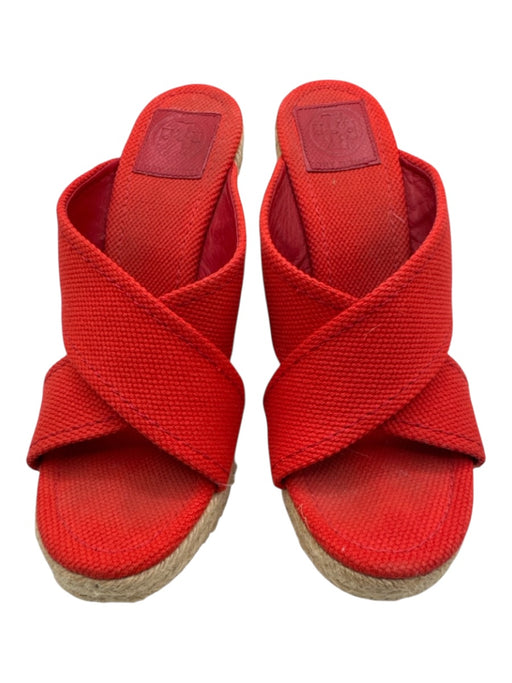 Tory Burch Shoe Size 9 Red & Tan Canvas Raffia Wedge Gold Logo Sandals Red & Tan / 9