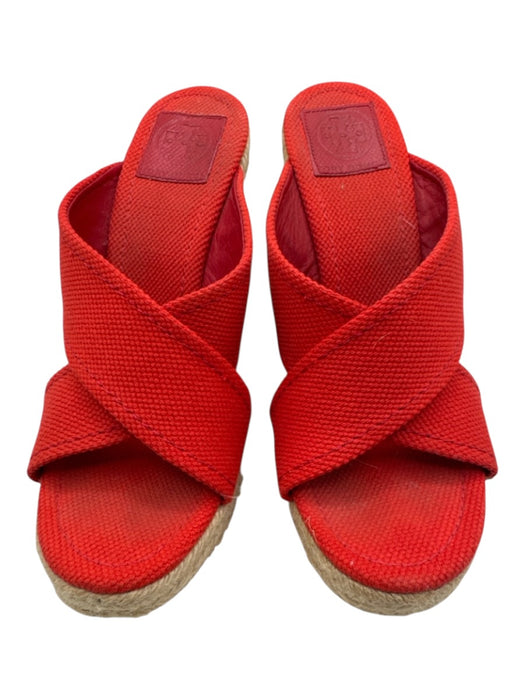 Tory Burch Shoe Size 9 Red & Tan Canvas Raffia Wedge Gold Logo Sandals Red & Tan / 9