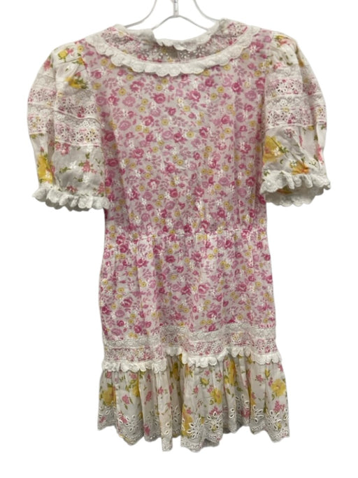 Loveshackfancy Size 2 Pink, White & Yellow Cotton Floral Lace Trim V Neck Dress Pink, White & Yellow / 2