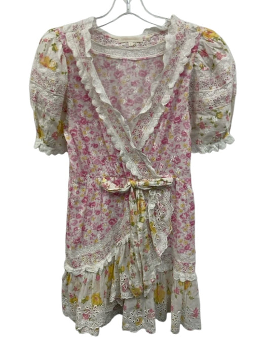 Loveshackfancy Size 2 Pink, White & Yellow Cotton Floral Lace Trim V Neck Dress Pink, White & Yellow / 2
