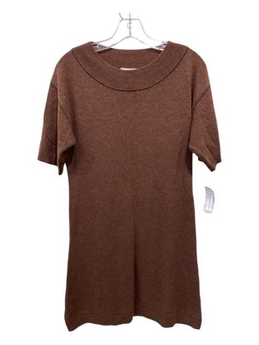 Neiman Marcus Size M Brown Cashmere Ribbed Neck Short Sleeve Knee Length Dress Brown / M