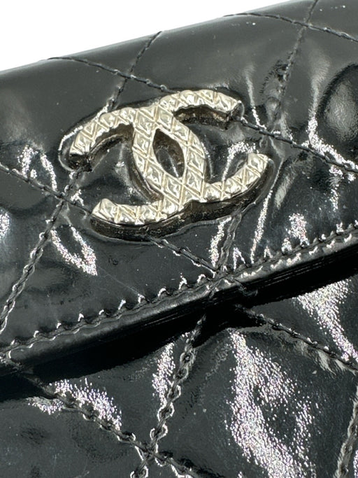 Chanel Black Patent Leather Silver Hardware Snap Bifold Card Holder Wallets Black
