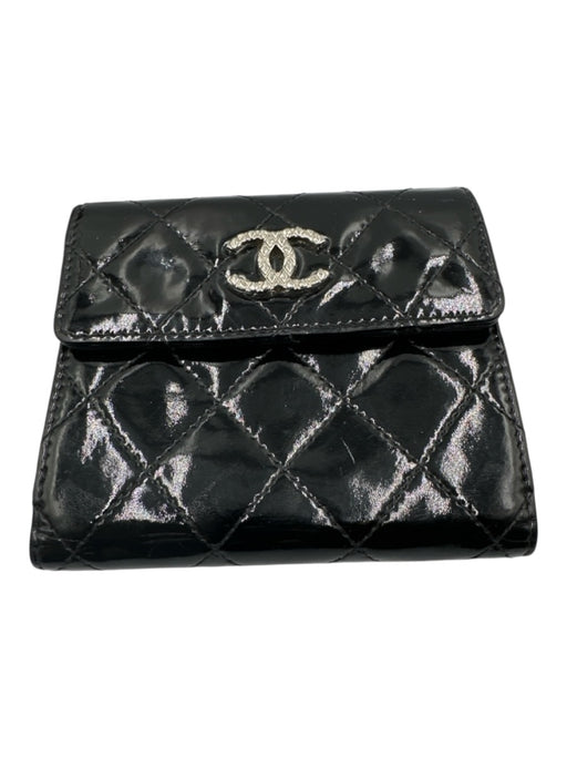 Chanel Black Patent Leather Silver Hardware Snap Bifold Card Holder Wallets Black