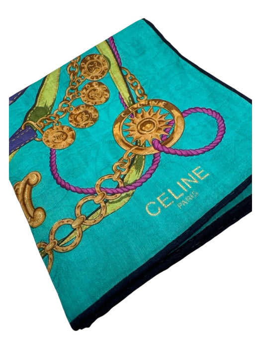Celine Blue & Multi Silk Chain Print Logo Men's Scarf Blue & Multi