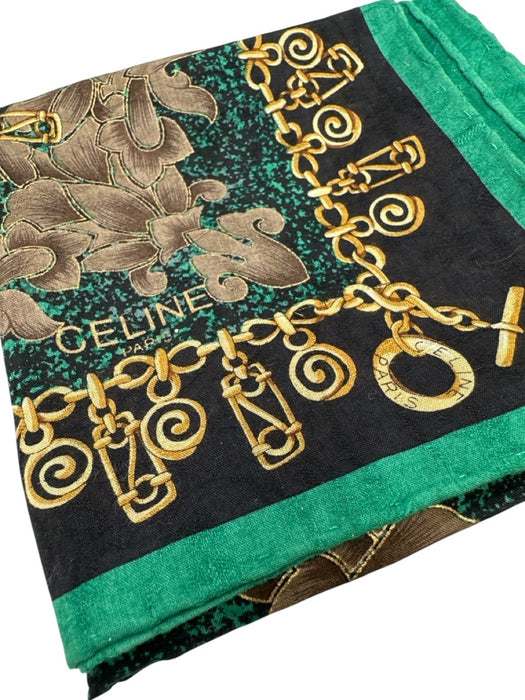 Celine Green, Gold, & Black Silk Chain Print Men's Scarf Green, Gold, & Black