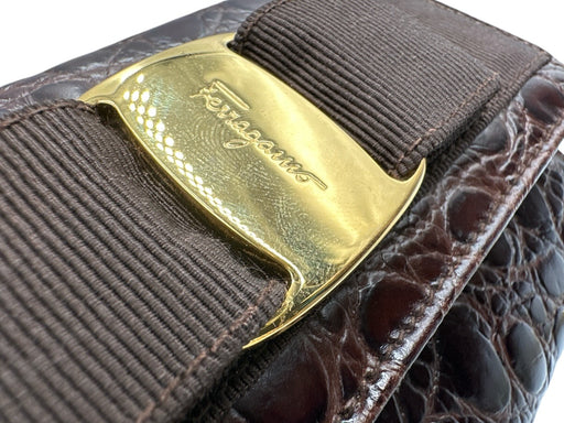 Ferragamo Brown Leather Croc Embossed Gold Chain Crossbody Belt Bag Bag Brown / XXS