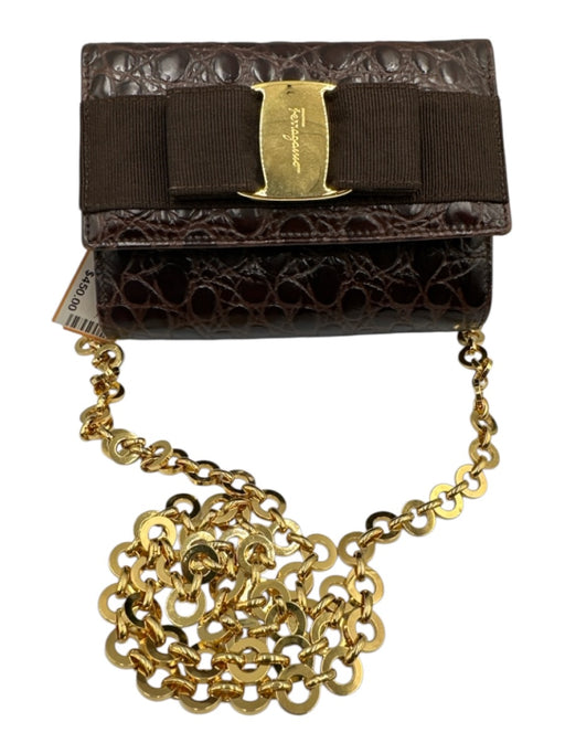 Ferragamo Brown Leather Croc Embossed Gold Chain Crossbody Belt Bag Bag Brown / XXS