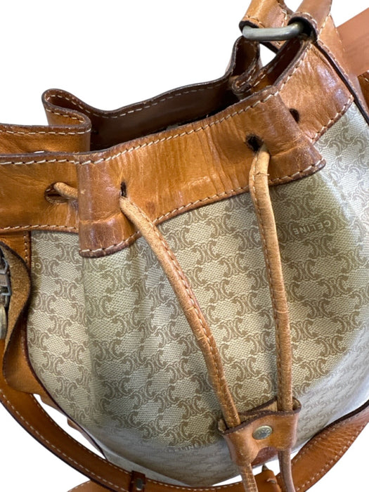 Celine Tan & beige Coated Canvas Leather straps Crossbody Bucket Vintage Bag Tan & beige / Small