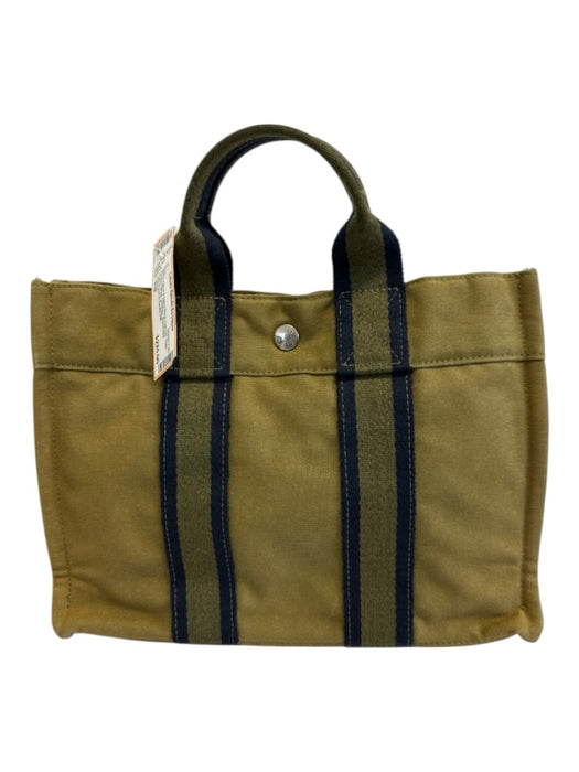 Hermes Olive & Navy Print Canvas Tote Double Strap Vintage Bag Olive & Navy Print / PM